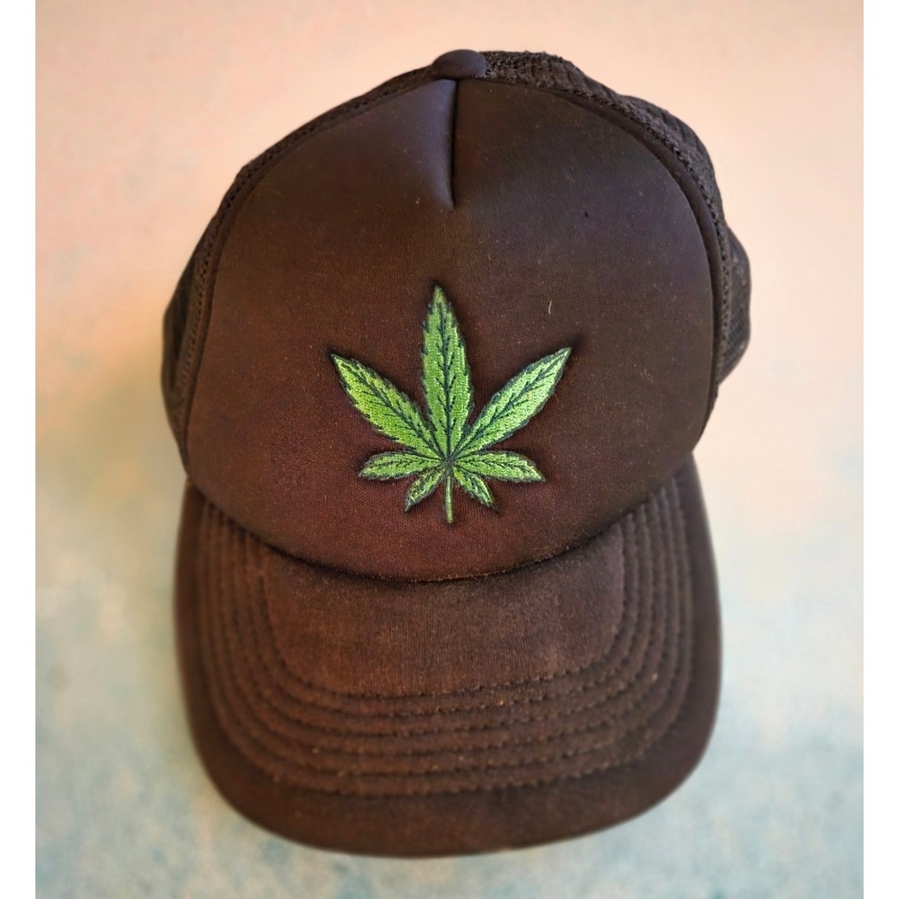 Maison Article Brown Trucker Hat Green Cannabis Leaf Snapback Mesh Cap